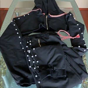 2 piece Crop pearl accent hoodie & jogger pant